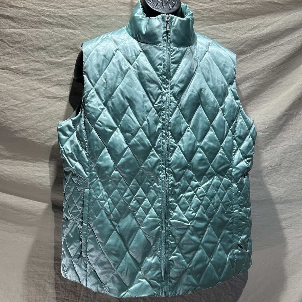 Womens Lands End XL 18-20 Quilted Puffer Vest Mint Green Shiny Diamond Full Zip